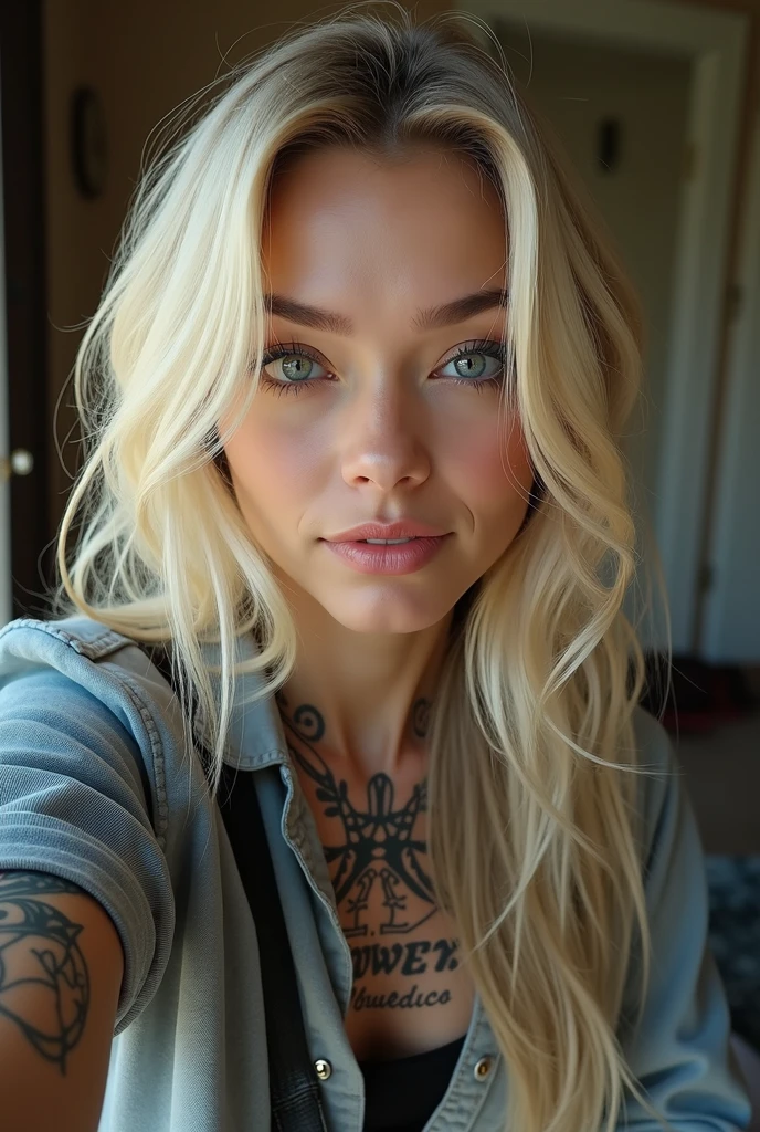 selfie, wink, cute -facean, attractive and seductive expression, shy, blonde straight hair, forehead, make-up, blue eyes, superlative body proportion, covered in tattoos, wearing loose knit shirt, tight fitting leather pants, engineer boots, artistic, hyper, graphic CG digital art