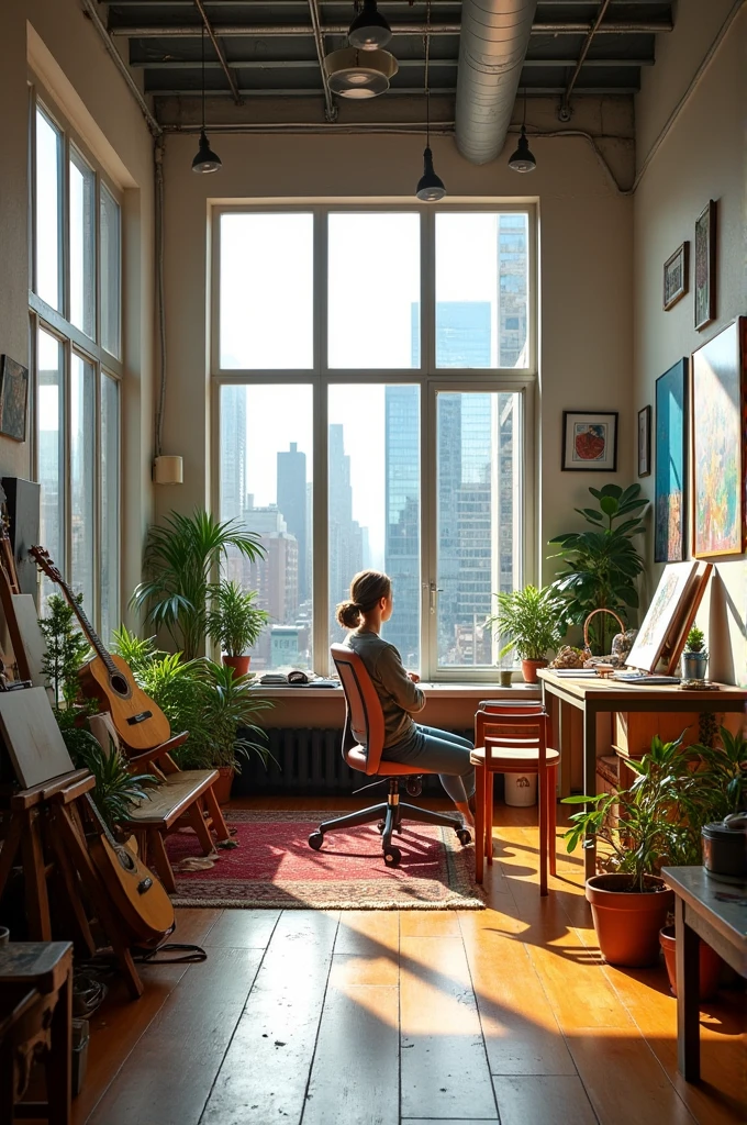 I want to creat a studio house small, like a loft (something a painter/musician would have) with canvas everywhere and bright colors, plants (not too much) a simple but open bedroom, medium but modern kitchen and a small living room and a door to the bathroom (outside the windows must be chicago)