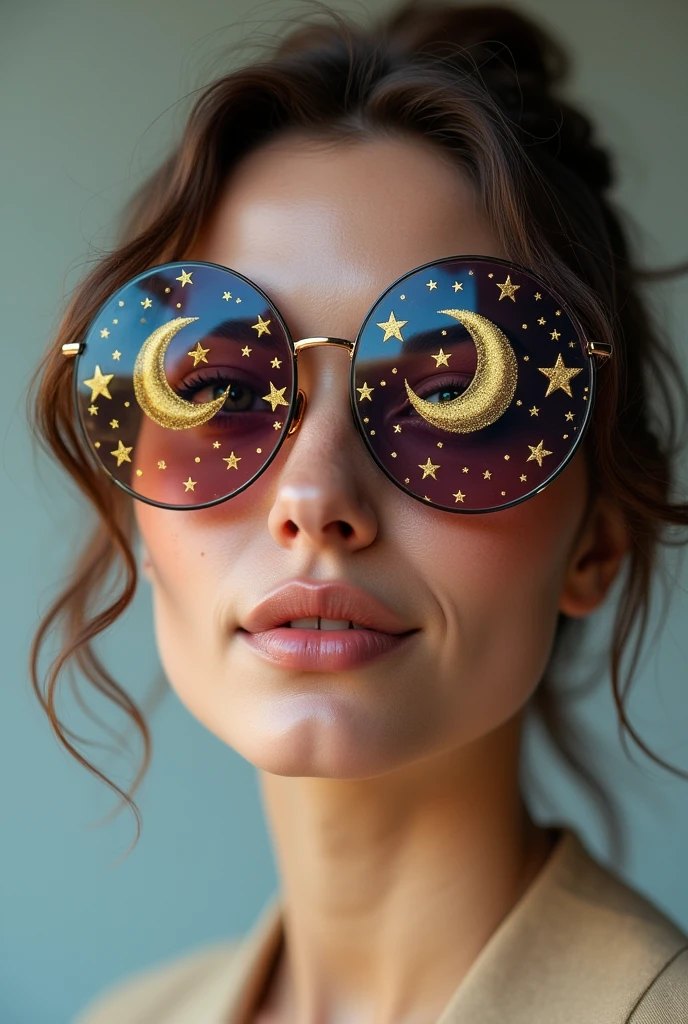 The model is wearing glass sunglasses with stars and the moon on the glass