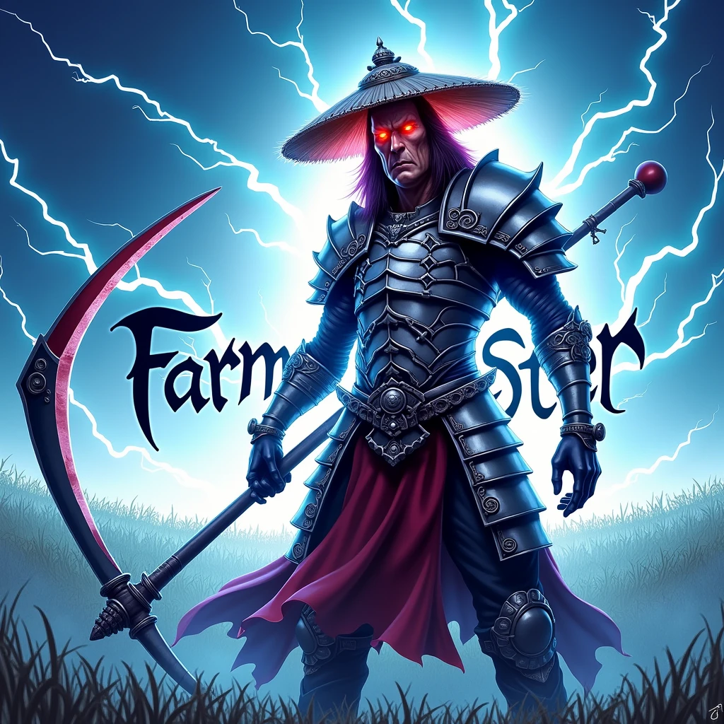 "Créez une image réaliste et intense comme une photo d'un guerrier nommé FarmMasteR,avec un chapeau de paille. Le guerrier doit tenir une grande faux, représentant son expérience agricole. Le personnage doit être vêtu d'une armure médiévale de samouraï argenté reflétant la lumière, il est affûté avec une présence unique et effrayante. Des éclair tournent autour de lui comme une aura. L'arrière-plan doit représenter un monde psionique avec des tons bleus, rempli d'éclair, dans un atmosphère intense. être dramatique, en soulignant l'apparence puissante et unique de FarmMasteR. Le nom « FarmMasteR » doit être affiché dans le fond de l'image dans une police gothique