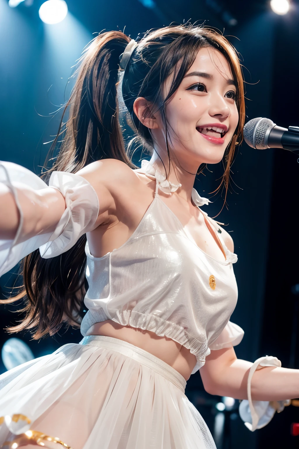 realistic, on the stage of the live music club,  jumping energetically, waving a hand against the audience, brightly lit by spotlights on the stage, extremely bright lighting, wearing light chocolate-brown costume like an cuty idol, bright bronde pony-tail hair, hair is blowing in the wind, hair is shaggy and dishevelled, beautiful white-colored translucent skin and face, sweat splashes, glamorous figure, heavy and vivid makeup, small nose, smooth shaped jawline, glossy face, heavy flushed cheeks, big smile, close-up shot