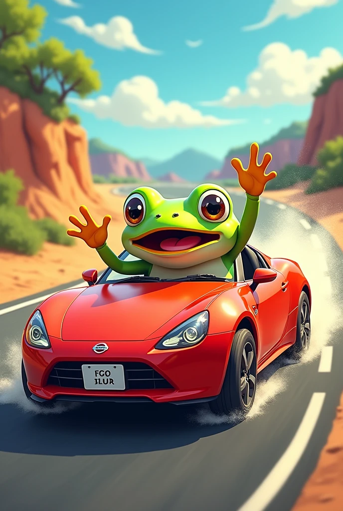 Give me an animated illustration of a green frog waving while driving a red Nissan Tsuru car and skidding 