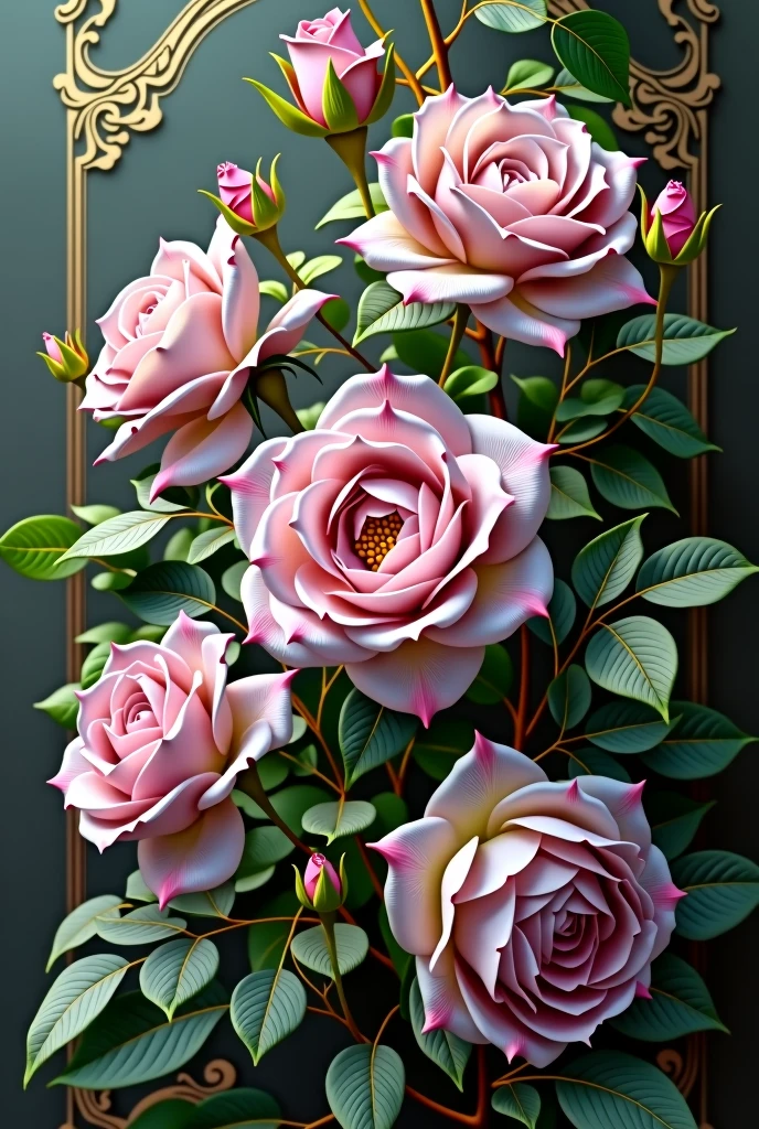 Rose flowers in pink and lilac colors in different shapes, with green leaves in different poses, 3 images in different angles baroque style No