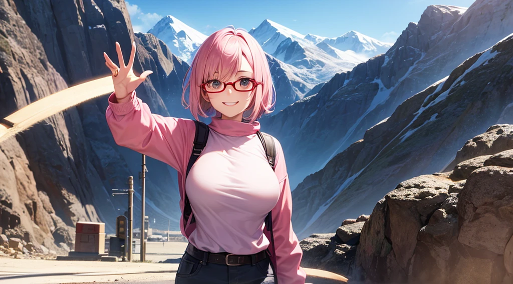 solo,whole body,Standing position right,Light pink hair,Bob Hair,Red Glasses,smile,Big Breasts,cute,Beckoning,drive,Mountaineering clothing,driving
