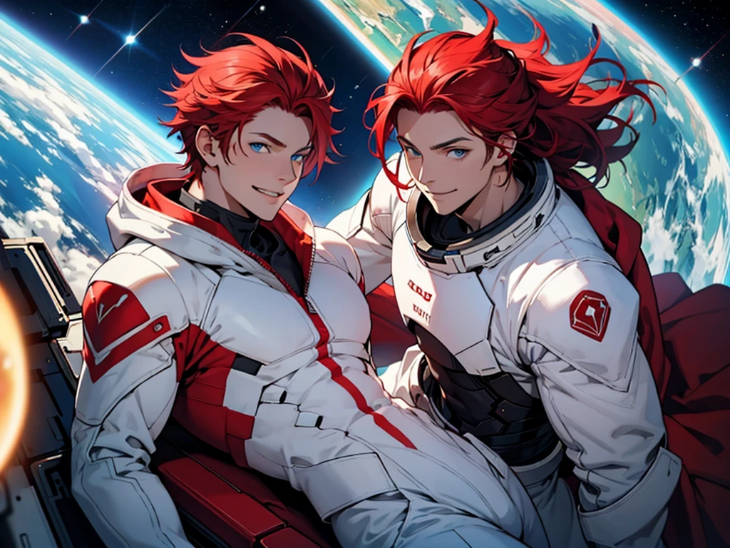 [naughty man] [Red hair] ]blue colored eyes] [Grinning] fruiting in space] [white and red costume]