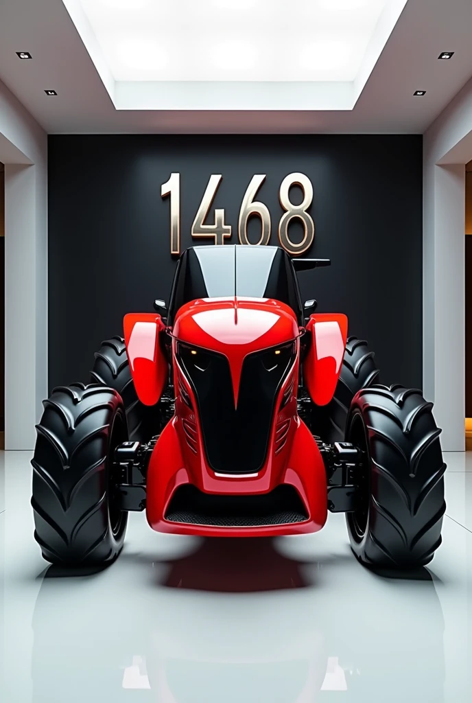 A stunning, futuristic tractor (international tractor 1468 ) takes center stage in a luxury white showroom. The vibrant (red) exterior gleams, drawing attention to its sleek, aerodynamic design and bold accents. The tractor( international tractor 1468) " is prominently displayed in large, metallic letters on the tractor, set against a dark wall. The (  front,  ) view showcases the cutting-edge innovation and technology of its time, inviting potential buyers to experience the future of automotive design and performance. This awe-inspiring image promises an unparalleled driving experience.