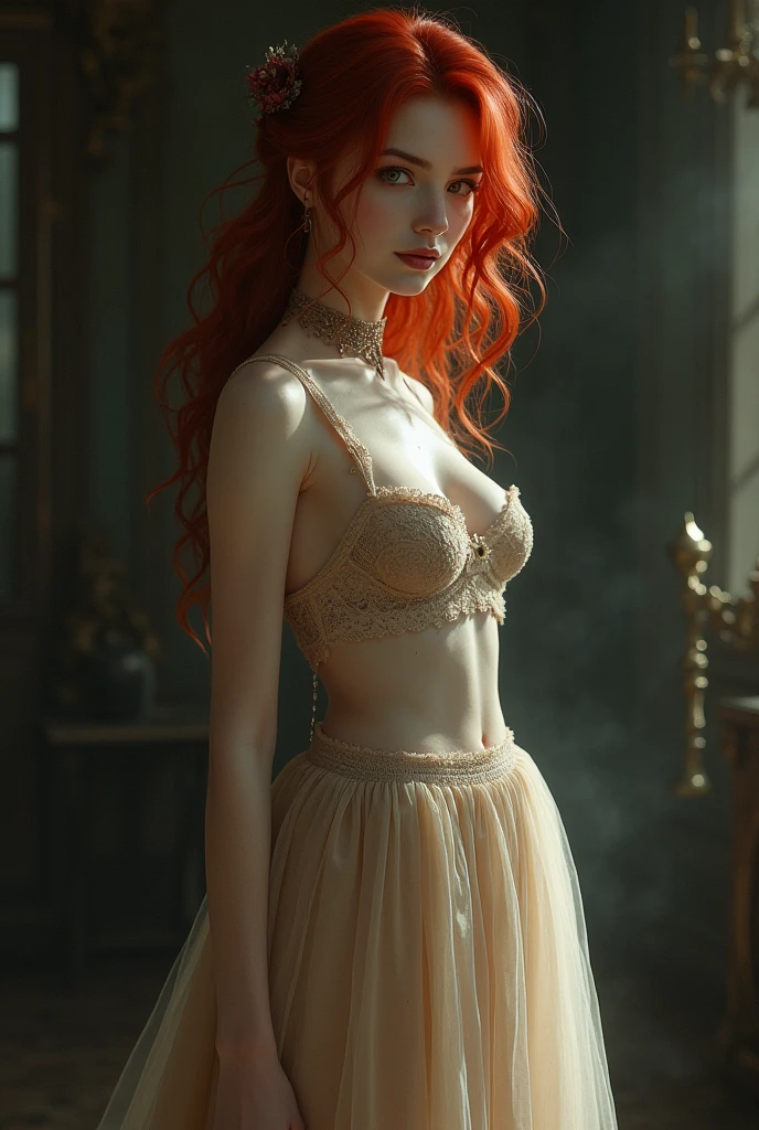 vampire Fair skin whole body Beauty Beige lace underwear Choker on neck Vampire Tulle skirt The nose is high and the eyes are large Sucking blood Plump Redhead Firm Cheeks Big Ass