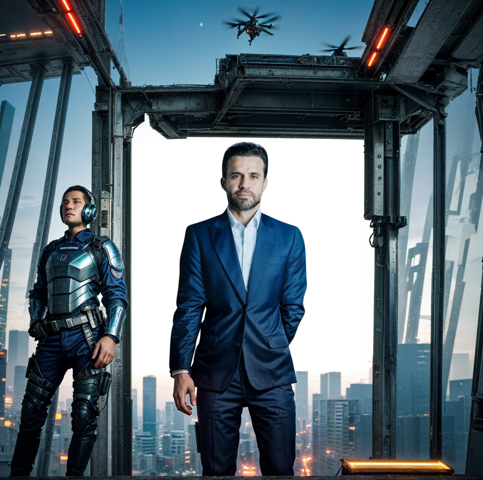 An ultra-realistic 4K landscape features a futuristic city with neon-lit glass and metal skyscrapers. State-of-the-art drones patrol the sky, strengthening surveillance and control. Not only, Security, using modern armor, proudly display the ((Brazil's flag)) No fundo. A combinação de drone e do Security cria um ambiente de ordem e proteção em uma cidade grandiosa, onde Security e nacionalismo se entrelaçam.