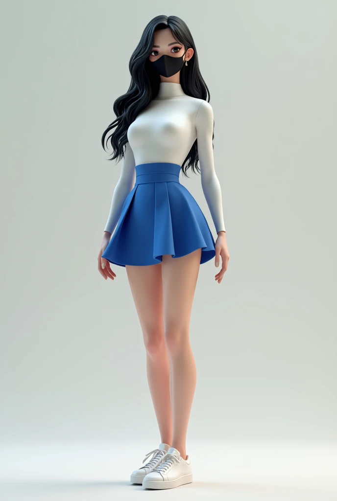 3d female character, with white turtleneck shirt, with long black hair with a black mouth mask, short blue skirt, White shoe