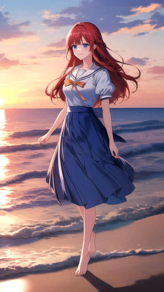 kotorishirakawa, ((masterpiece, best quality, highres, distinct_image)), extremely beautiful and delicate, extremely detailed, intricate detail, 1girl, 独奏, short stack, huge breasts, red hair, long hair, straight hair, Blue eyes, BREAK skirt, school uniform, short sleeves, puffy sleeves, puffy short sleeves, Cute Smile Open your mouth, Are standing, (She walked along the beach in the sunset, her bare feet touching the water, the closest she came to seeing that smile:1.1), barefoot, Two Arms, (cinematic angle:1.1),