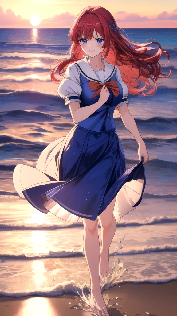 kotorishirakawa, ((masterpiece, best quality, highres, distinct_image)), extremely beautiful and delicate, extremely detailed, intricate detail, 1girl, 独奏, short stack, huge breasts, red hair, long hair, straight hair, Blue eyes, BREAK skirt, school uniform, short sleeves, puffy sleeves, puffy short sleeves, Cute Smile Open your mouth, Are standing, (She walked along the beach in the sunset, her bare feet touching the water, the closest she came to seeing that smile:1.1), barefoot, Two Arms, (cinematic angle:1.1),