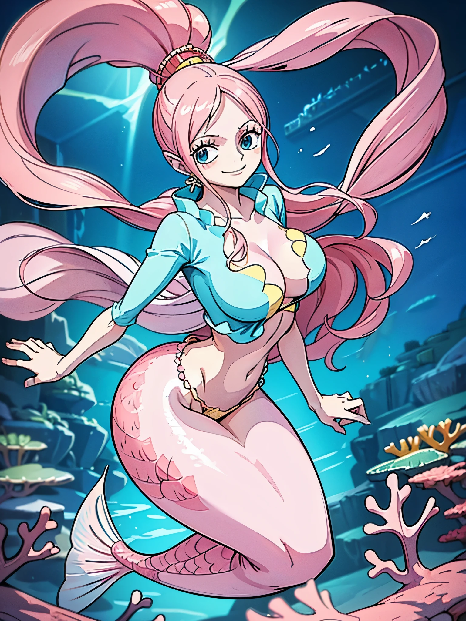 highres,ultra-detailed, 8k, Highly Detailed, Masterpiece, Hyperdetail, Illustration, full_body, HDR, Depth of Field, Maximum Sharpness and Clarity, Multi-layer Textures, finger detailing, refined facial features, focus on the face, ((no extra limbs)), Dynamic Angle, Cinematic Light, lens_flare, beautiful Eyes, 1 girl, solo, mermaid, ((full pink tail)), full pink fin, big fish tail shirahoshi one piece, in the sea, ((pink long hair, ponytail)), bikini, sexy body, wide hips, The fin drawing is better, big breasts, perfect slim body, Cute face, kawaii, happy, smile, Hefty Smile, She is surrounded by colorful coral reefs and various fish in an underwater scene. The background is a gradient of blue hues, giving a sense of depth and light filtering through the water. The overall style is whimsical and fantastical, with detailed and vivid colors that bring the underwater world to life, corals and fish, view from above