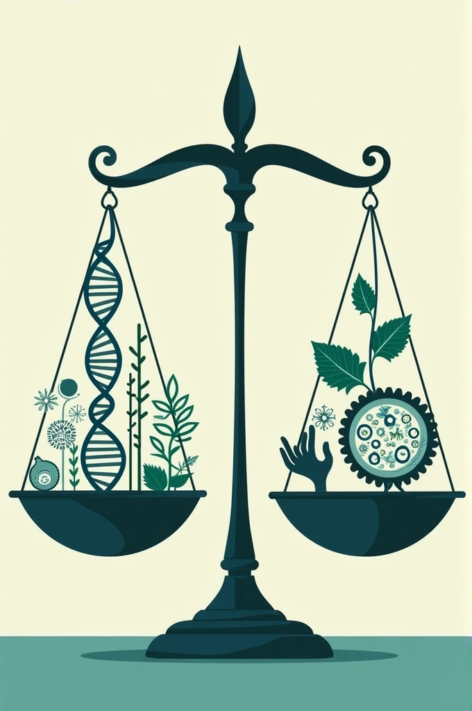 Although I can't create images, can I suggest an idea for an illustration that mixes biotechnology and bioethics. Imagine a scale, where on one side are symbols of biotechnology, like a DNA helix, genetically modified cells and plants. on the other side, you could have icons that represent ethical principles, like a hand holding a heart (symbolizing human dignity) and a scale of justice. This image could represent the need to balance technological advances with ethical and social considerations.
If you need more ideas or details, just let me know!