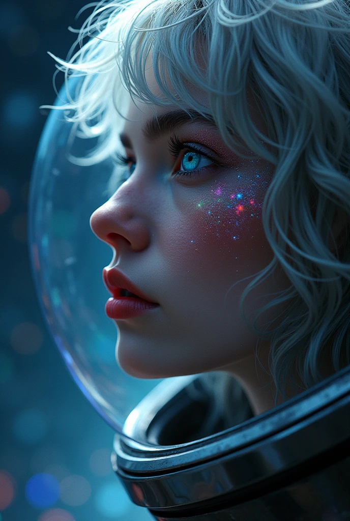 (Close-up of a better masterpiece:1.5)0.9], (Space and astronauts:1.2) (Messy silver hair:1.1) (Heterochromia xanthochromia and blue eyes:1.2) (Space Helmet:1.0) (Colored stars in the eyes:1.0) (A radiant glow:1.1) (thick lips:0.9)