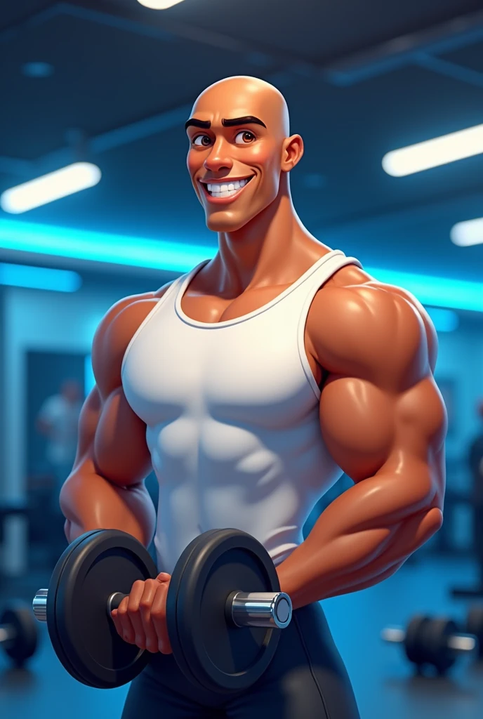 logo coach Lucio Pixar-style cartoon logo promoting logo Coach Lucio an 18-year-old bald brown skin color man smooth brown skin, and a bright, confident smile, wearing a crisp white tank top, holding dumbbells, gym background with subtle neon blue accents, evoking a sense of energy, strength, and motivation, arms and toned physique