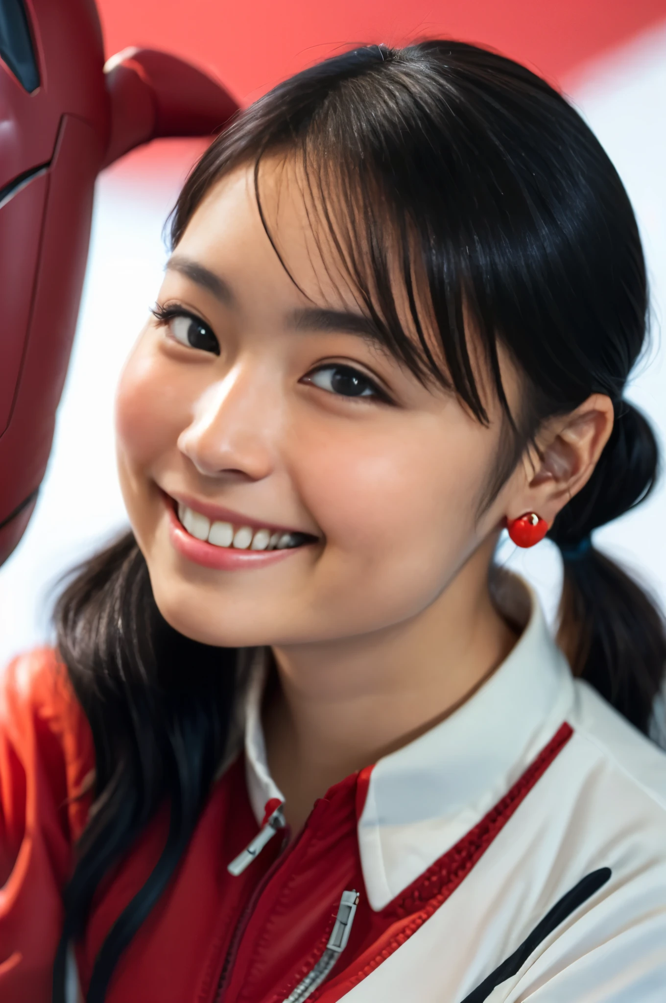 （8k、Raw photography、Highest quality、masterpiece：1.2),(Black Hair、Dark Eyes:1.9),(Red plug suit:1.6)、View your viewers,Front view,White skin,(Twin tails:1.4)、(Tight waist:1.6)、(Clothes that accentuate the shape of the breasts:1.0)、(Big Breasts :1.3)、Slim figure、Ultra-high resolution,beautiful,beautiful fece,(1 person、No background:1.9),whole bodyボディー,Japanese women,（reality的：1.37）、Photon Mapping,reality、(Baby-faced and cute: 1.2)、(Cute Smile: 1.8)、(Round face: 1.8)、Radio City、Physically Based Rendering、Depth of field rally background、photograph, (I can see your knees、Thigh close-up:1.8),（:1.6）,whole body、Great quality