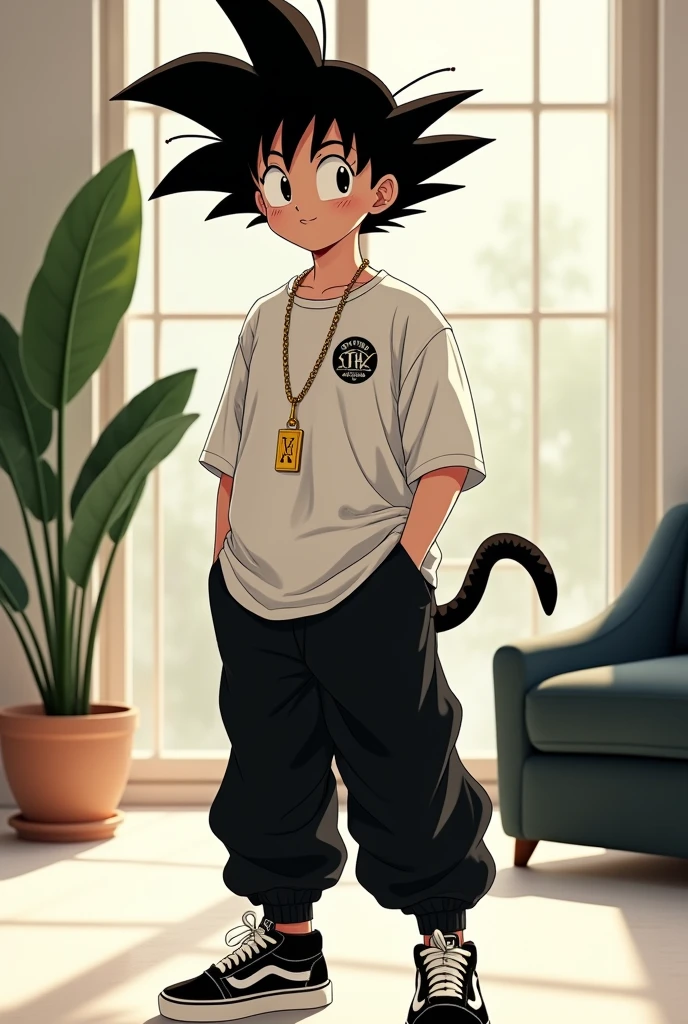 
 
Goku kid with tail, hip hop style cap on head, standing in a room with white walls with black furniture and bright lights, slave chain with the initial Arx in gold, White loose t-shirt with ARX print in the center, long black pants and Nike Vans-type sneakers,  interior, soft light, relaxed pose, Plants in the background, realist, warm colors, by Greg Rutkowski, by Alphonse Mucha
