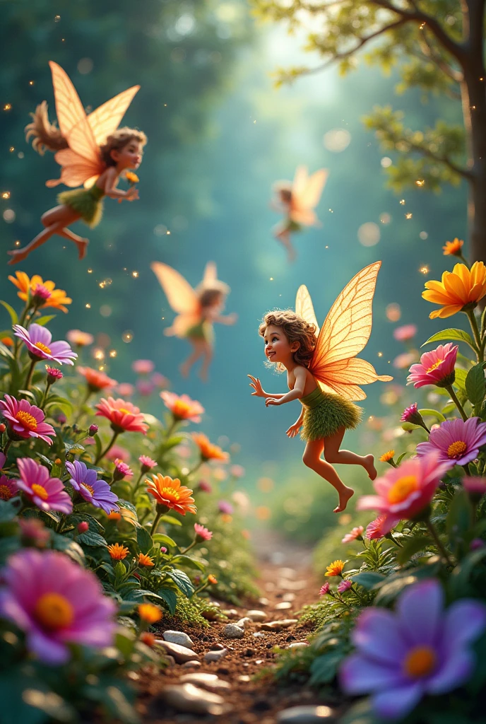 Colorful flowers, sparkling stones, and laughing fairies decorating the garden."