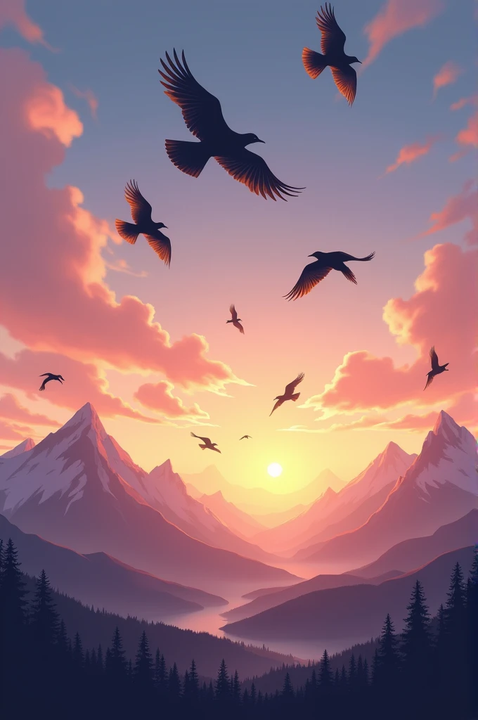 Birds are flying in evenings sky with mountain background