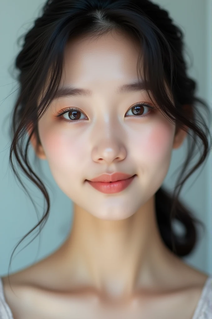 a close up of a woman in a black top posing for a photo, KOREAN, Mulher sul-KOREAN bonita, Southeast Asian with round face, young pale and beautiful asian face, cute-fine-face, young lovely korean face, ulzzang, mulher KOREAN jovem bonita, linda mulher KOREAN jovem, beautiful aesthetic face, Features of the Korean face, beautiful asian girl