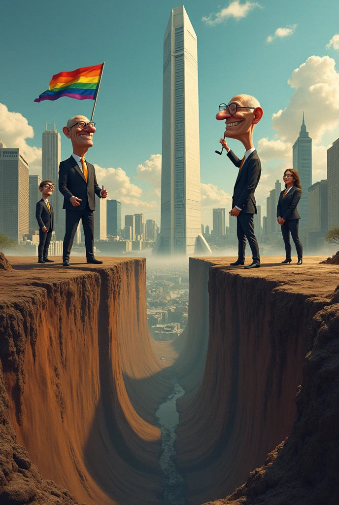 Create an image of Brasília-DF being sucked into an abyss on the ground while politicians laugh while looking and holding an LGBT flag in their hands
