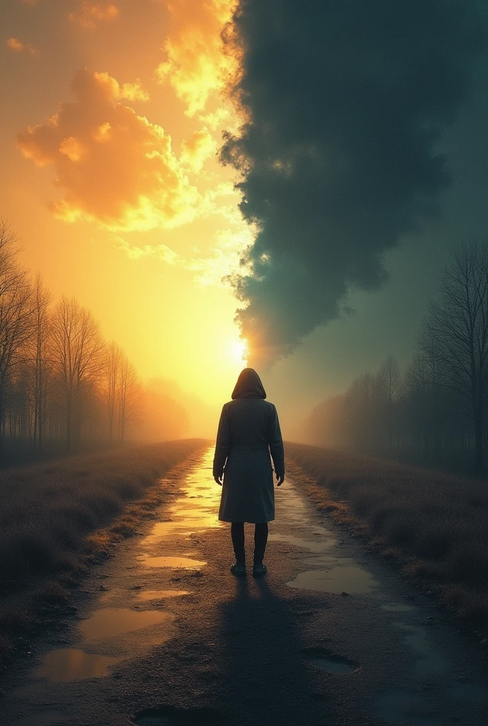 Create a realistic image of an individual faced with a significant choice, illustrated through a visual duality. Show the person standing at a crossroads or in front of two contrasting paths. One path should be depicted as bright and inviting, with vibrant colors and a positive, hopeful atmosphere. The other path should appear dark and foreboding, with muted colors and a more somber, uncertain ambiance. The person's expression should reflect deep contemplation and uncertainty as they weigh their options. Include visual elements such as signs or symbols representing each path's outcome to further emphasize the decision-making process. Use dynamic lighting to highlight the contrast between the two choices, capturing the gravity and complexity of the moment.