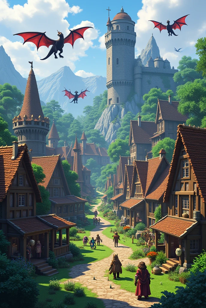 A group of players in a medieval village in a world with dragons as their currency and many other mythological creatures in Minecraft.