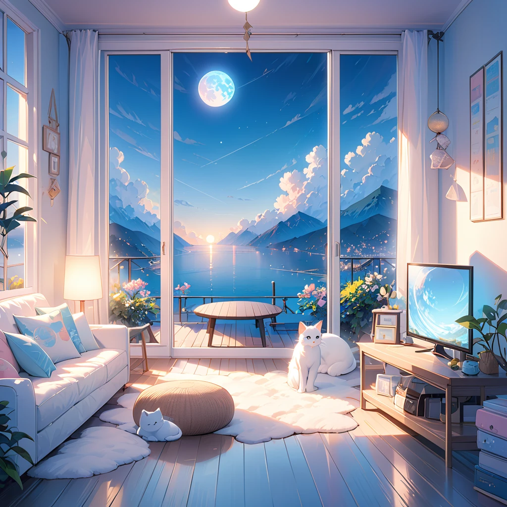  A room with a beautiful view of world, White or black cat, cat look camera Moon, Light , Soft colors, e, Natural soft lighting, 8K resolution, shape, pastel four colors、Blue Light Goods、Glowing Goods、blue eyes
