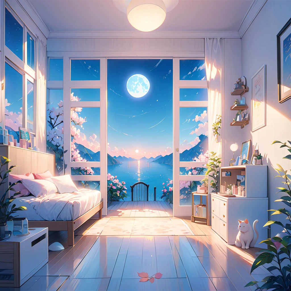 A room with a beautiful view of world, White or black cat, cat look camera Moon, Light , Soft colors, e, Natural soft lighting, 8K resolution, shape, pastel four colors、Blue Light Goods、Glowing Goods、blue eyes