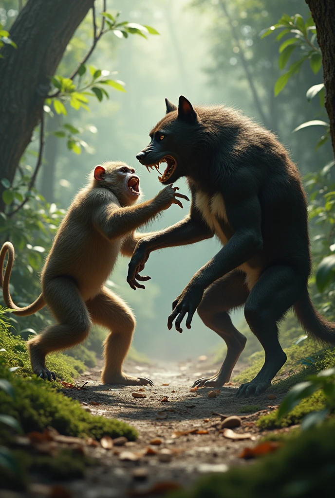 A dog fighting with monkey 