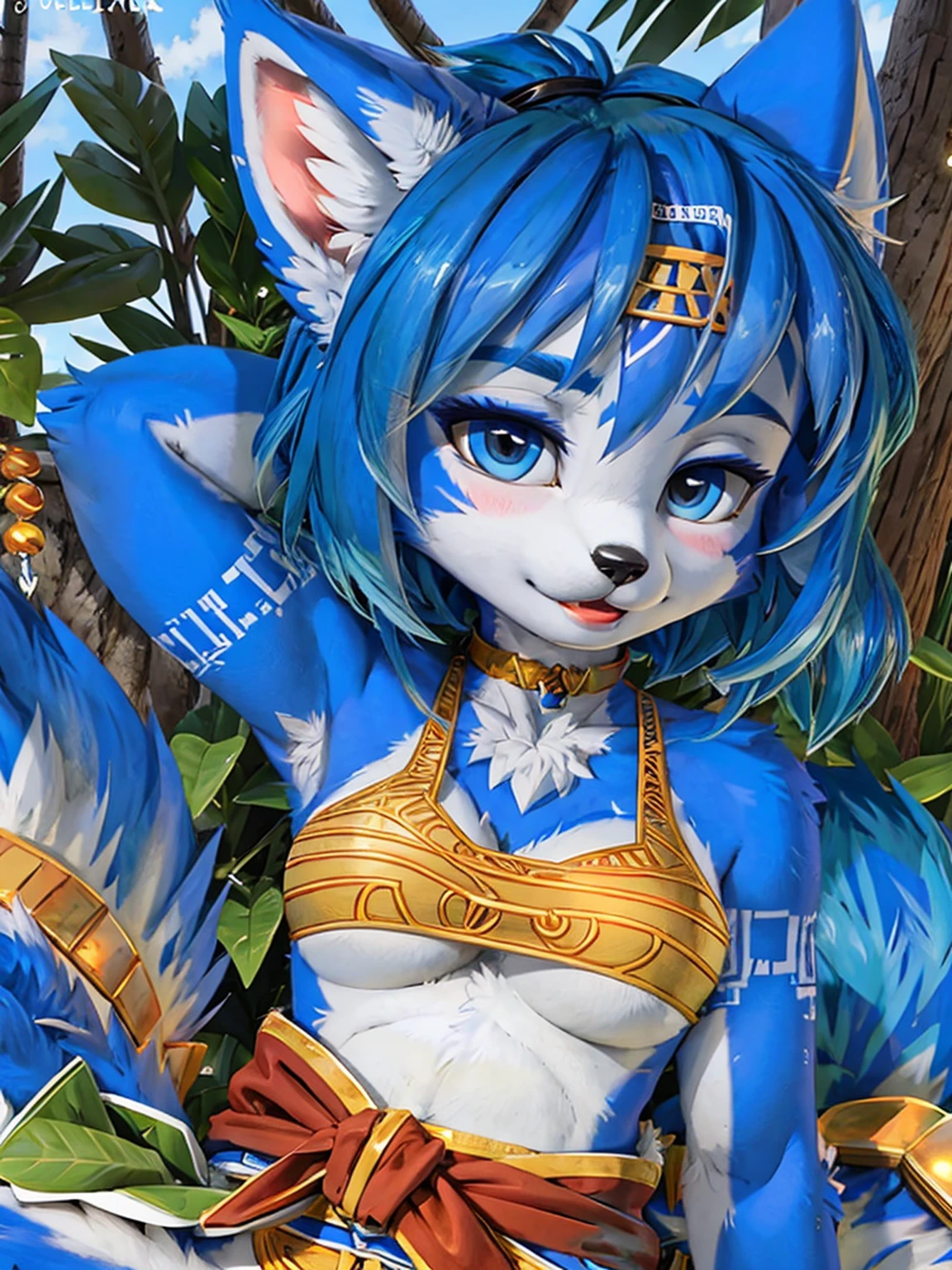 A beautiful and detailed (cute portrait) wa ((krystal)), Star Fox krystal, sslim, lovable, green eyes, medium breasts, (((Long blue hair 1.3))), Decollete, anthro, furry, Uploaded E621, detailed fluffy fur, (wa Fluff-Kevlar, Bayard Wu, Pino Daeni), detailed face, (fluffy), 1 girl, alone, sweet girl, 