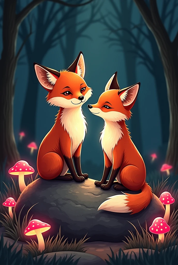 Cute fox couple,sitting on rock,black Background,spotlight,comic,Steampunk,
, bokeh,mushrooms,glowing outlines,Pop Art stil