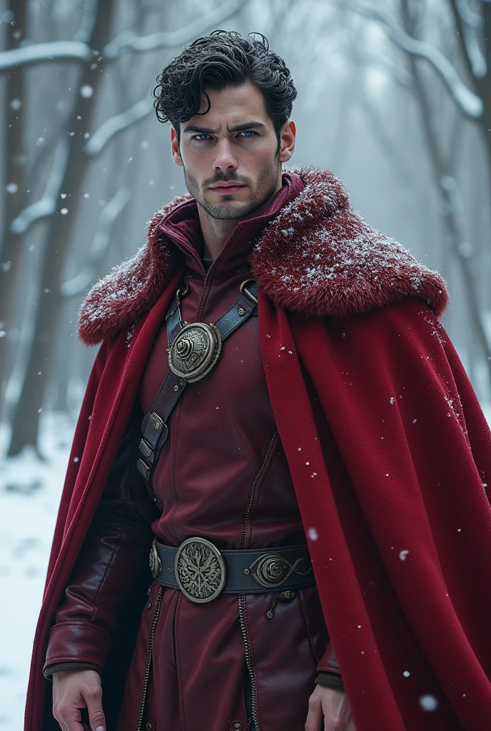 Handsome king, 19, mid winter, powerful, blood magic, wears crimson red colors, medieval, Henry cavill looking, muscular, dark hair, mysterious, tall, courageous, big muscular arms, white, blue eyes, English descent. Henry cavill