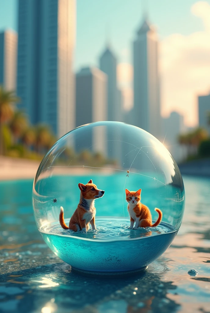 mini(Ttp), (8k, raw photo, Best Quality, masterpiece:1.2), colorful background, clean background, depth of field, city, tall building, thumbnail, landscape, isometric, in crystal ball, 16:9, playa, dog and cat fishing in the sea