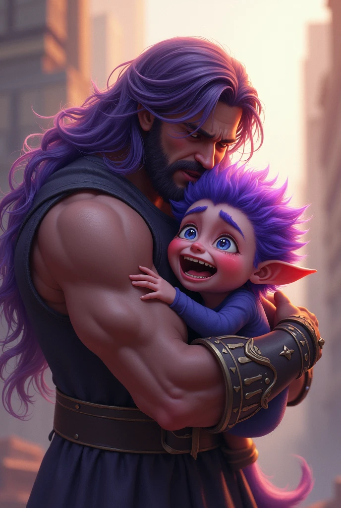 The little purple-haired monster hugged the stupid hero and cried.。