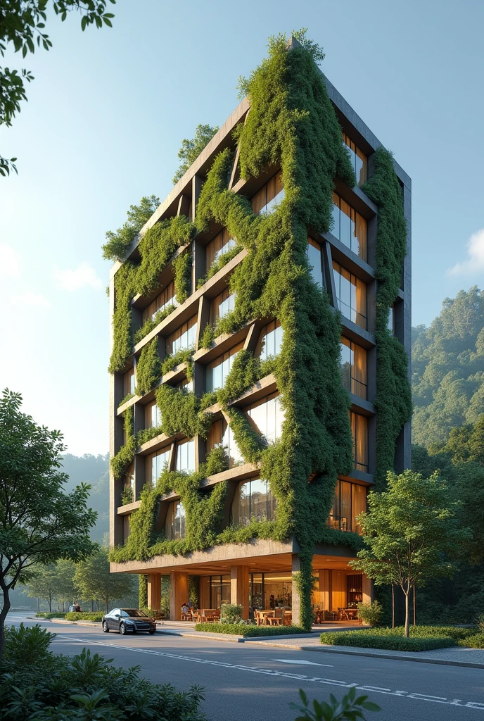 an exterior design of a highly energy-efficient, eco-friendly hotels, near the road, indoor environmental quality that address the quality of the space for its occupants, such as air cleanliness, thermal control, and noise pollution, clerestory windows, and solar panels for energy efficiency, allowing for an abundance of natural light and reduced carbon footprint, resilient in landslides, rainwater catchment, vertical gardens and living walls, electric vehicle charging stations, energy efficient lightings, and zoomed in to showcase the details of the sustainable building for a restaurant.