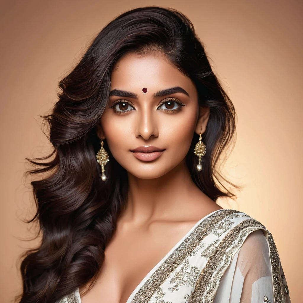 Design a portrait of an Indian brunette influencer with an alluring and confident expression. Her facial features should be symmetrical and realistic, with glowing skin and well-defined cheekbones. Her hair should be styled in a chic manner, such as soft waves or a sleek look, enhancing her sophisticated appearance