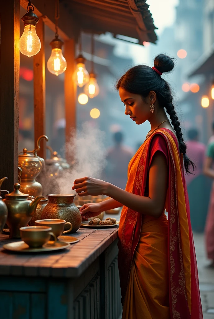 A girl make tea in an indian tea stall