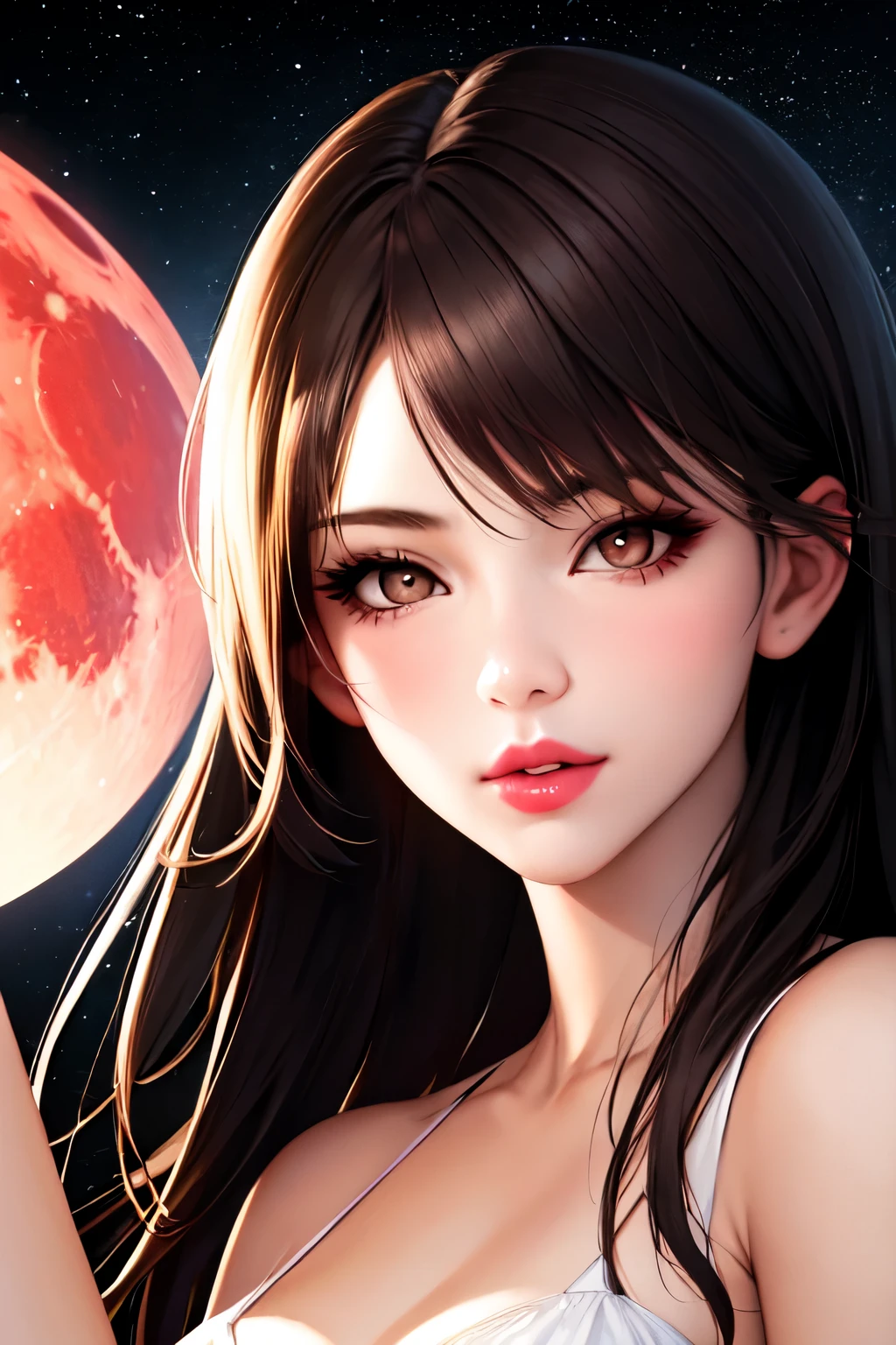 1girl, beautiful face, ((white eyes)), sexy pose, Red moon in the background, stars, space, (lightroom:1.13), soft light, (natural skin texture:1.2), (hyperrealism:1.2), sharp focus, focused,[[realistic]]