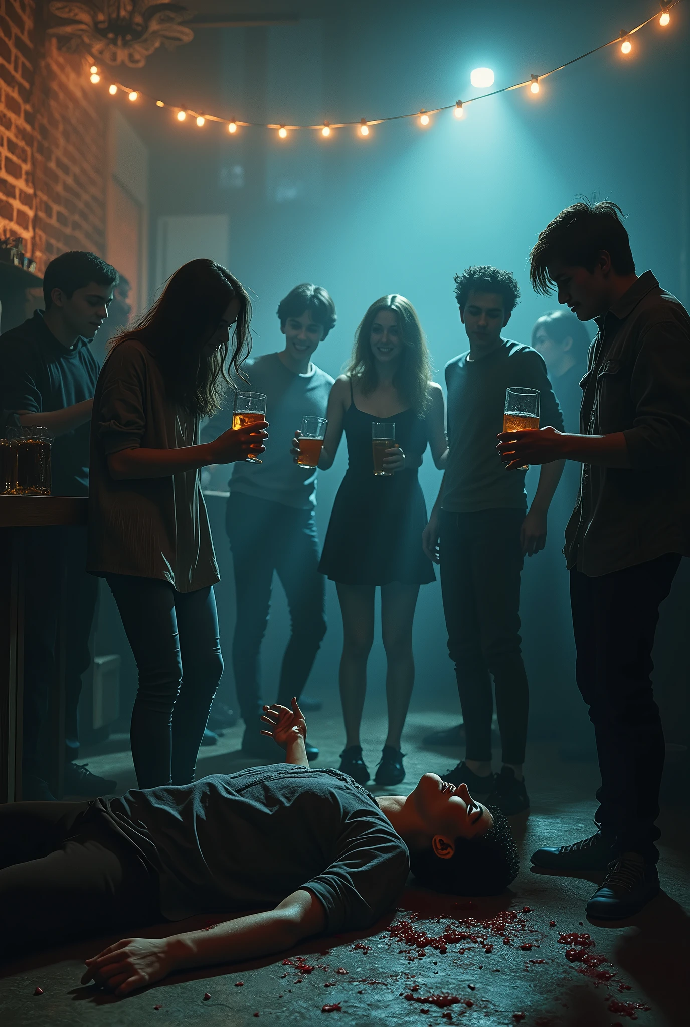 dark fantasy, young people at parties Happy drinking and happy, among them macabre shadows take over the entire scene one of the shadows highlighted eats the flesh of the teenager who is on the floor rejoicing