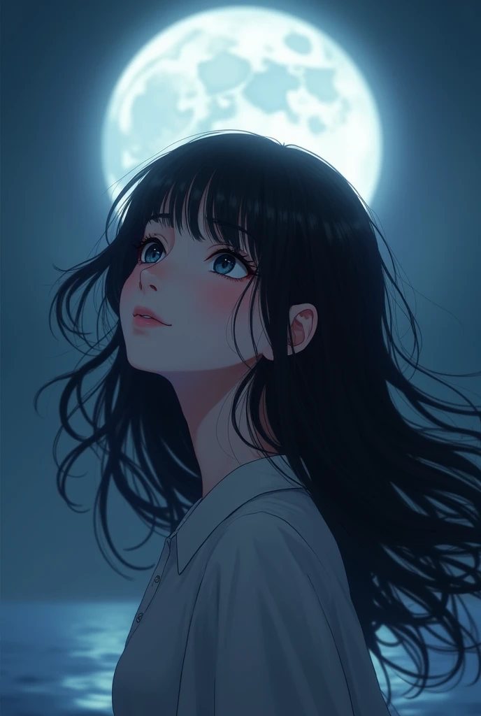 A girl, her jet black hair was loose, Both of his eyes are also jet black.. Looking at the moon with a gentle smile. Be in a cool place, calm, and peace.