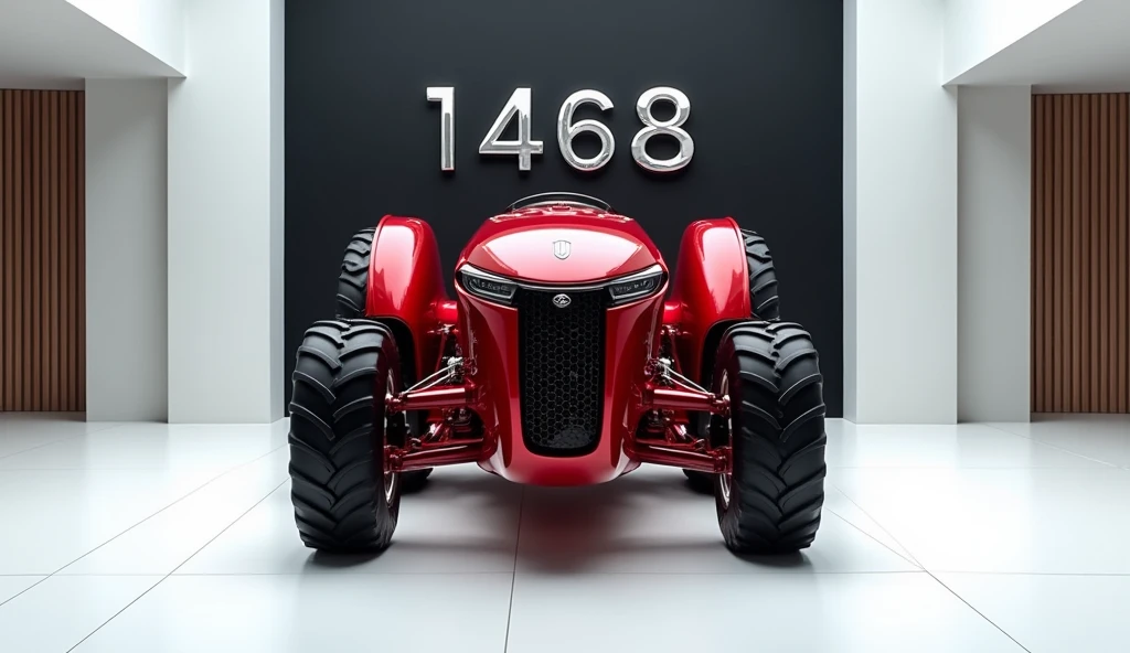 A stunning, futuristic tractor (international tractor 1468 ) takes center stage in a luxury white showroom. The vibrant (red) exterior gleams, drawing attention to its sleek, aerodynamic design and bold accents. The tractor( international tractor 1468) " is prominently displayed in large, metallic letters on the tractor, set against a dark wall. The ( front, ) view showcases the cutting-edge innovation and technology of its time, inviting potential buyers to experience the future of automotive design and performance. This awe-inspiring image promises an unparalleled driving experience.
