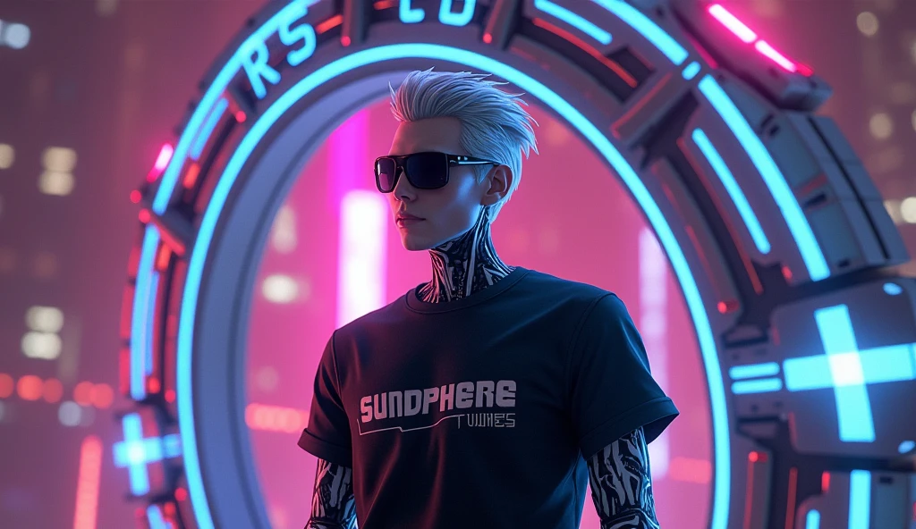 A rocker dome with sunglasses and a t-shirt black that says SoundSphereTunes