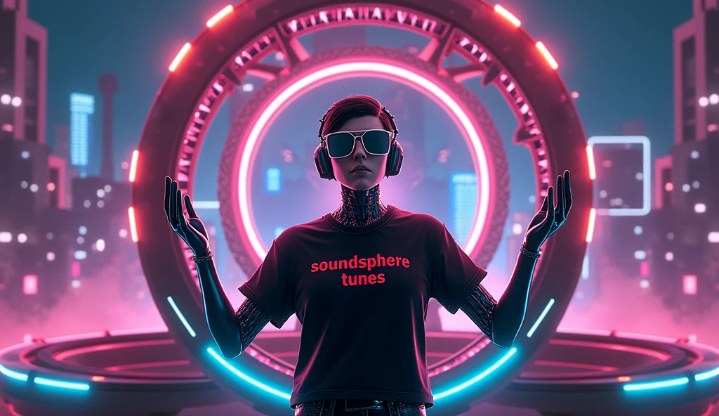 A rocker dome with sunglasses and a t-shirt black that says SoundSphereTunes