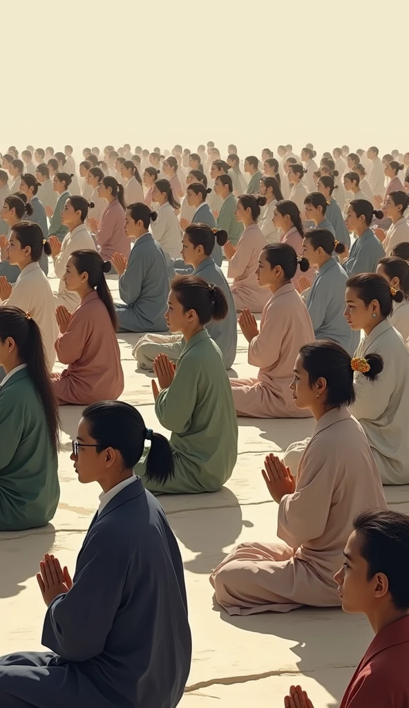 "A large group of people of various races, ages, and genders, all sitting in seiza position, hands clasped together in prayer. They are gathered in a wide, open space."
