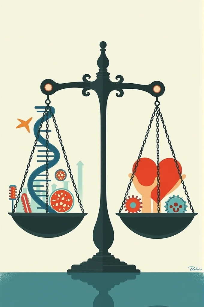 Although I can&#39;t create images, can I suggest an idea for an illustration that mixes biotechnology and bioethics. Imagine a scale, where on one side are symbols of biotechnology, like a DNA helix, cells. on the other side, you could have icons that represent ethical principles, like a hand holding a heart (symbolizing human dignity) and a scale of justice. This image could represent the need to balance technological advances with ethical and social considerations. 

If you need more ideas or details, just let me know!
