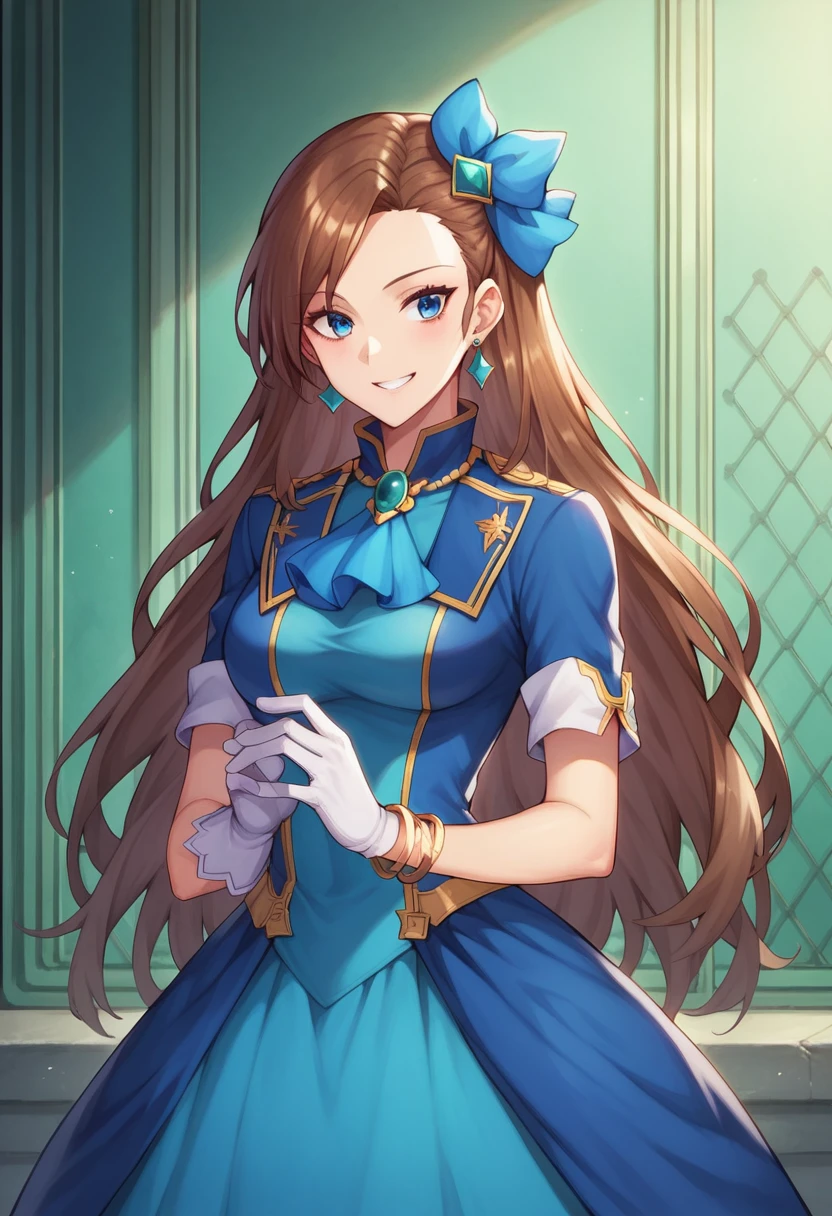 sysdeep_Katarina、Catalina Cra, Catalina Clares, Long Hair, bangs, Brown Hair, blue eyes, asymmetrical bangs, smile,
Breaking hair ornament, gloves, dress, bow, jewelry, Jacket, Short sleeve, hair bow, Earrings, white gloves, bracelet, Ascot, blue dress, blue bow, brooch, High collar, long dress, blue Ascot,