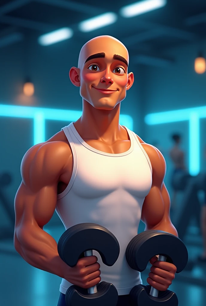 logo coach Lucio Pixar-style cartoon logo promoting logo Coach Lucio an 18-year-old bald brown skin color man smooth brown skin, and a bright, confident smile, wearing a crisp white tank top, holding dumbbells, gym background with subtle neon blue accents, evoking a sense of energy, strength, and motivation, toned physique 
