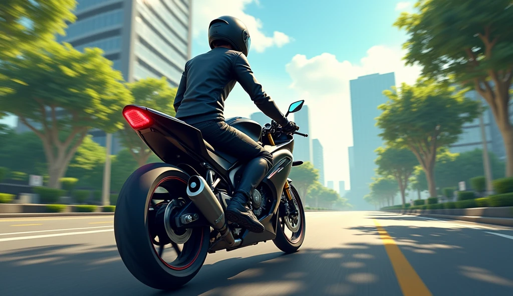 Ilustrasi anime 3D, A 20-year-old, thin, 1.80-meter-tall young man, with his black Honda CB1500cc motorcycle, wearing a complete black jacket with a sports helmet, begins his journey on the streets of Jakarta. The background shows tall buildings and several trees on the side of the road. The morning sun illuminates the road, giving a bright and energetic atmosphere.
Taking pictures from the front camera
His black merk Honda CB300cc motorcycle, is turned on, then slowly drives on the quiet road. The camera follows from the side, highlighting the motorcycle running smoothly on the asphalt.