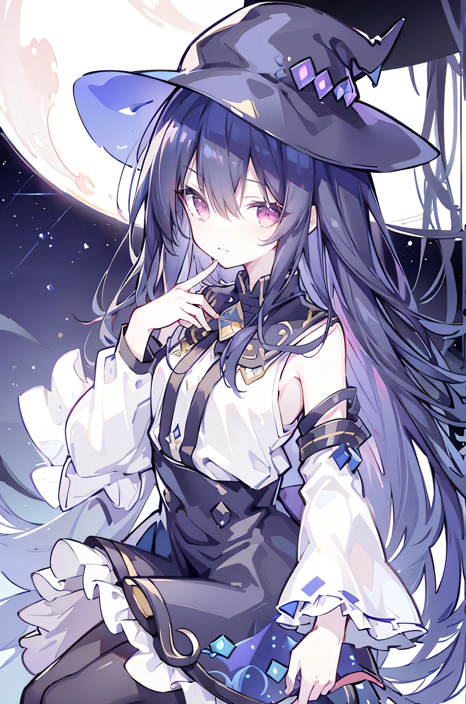 oung Girls,Humanity,A magician always smiles,big witch hat,cute,dark blue long hair,The eyes are dull,The bangs are heavy,Thin eyebrows,fantasy,intake,Double teeth,Star Theme,Constellation pattern,Solid color clothetal decoration,cloak,A bit of a dark atmosphere,A little crazy smile,When the big moon shines outside at night,blood,Hair black star embellishment,Short tie,No nails,High waist skirt,Bell sleeves,Long-sleeved shirt,Black tie,low risk,gentlemen。Mist、Yellow and white effect,Shocking pink as an accent color